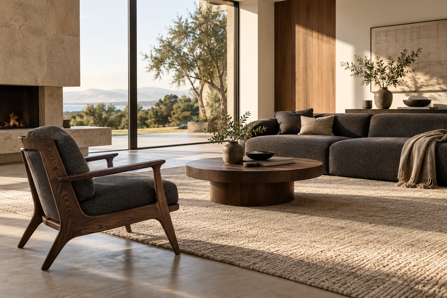 A walnut lounge chair and a low sofa in a sunlit modern living room